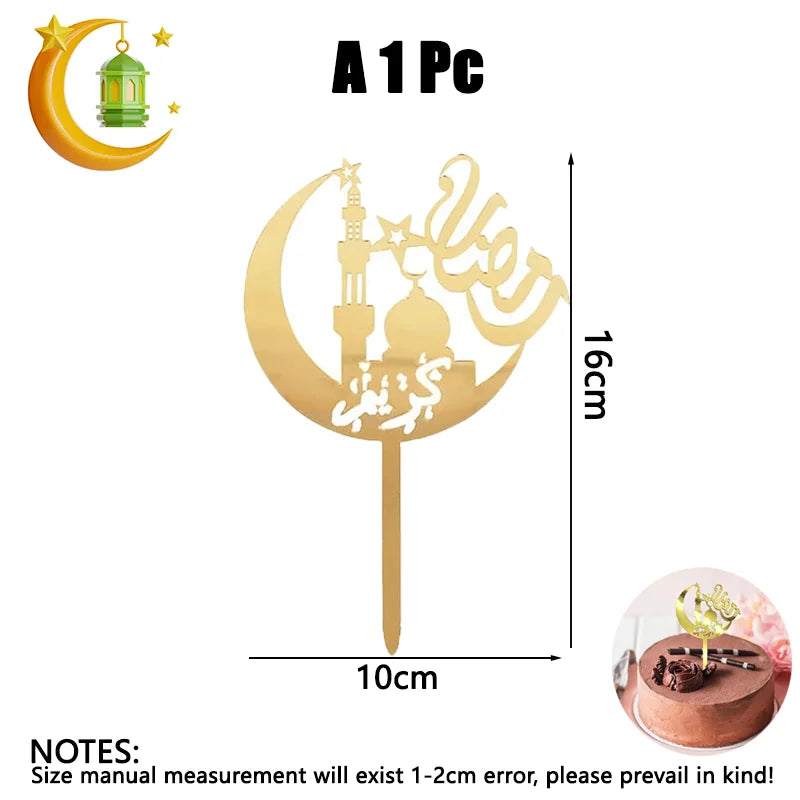 Ramadan Eid Mubarak Gold Acrylic Cake Topper Set Muslim Ramadan Holiday Party Cake Decorations Party Home Decoration
