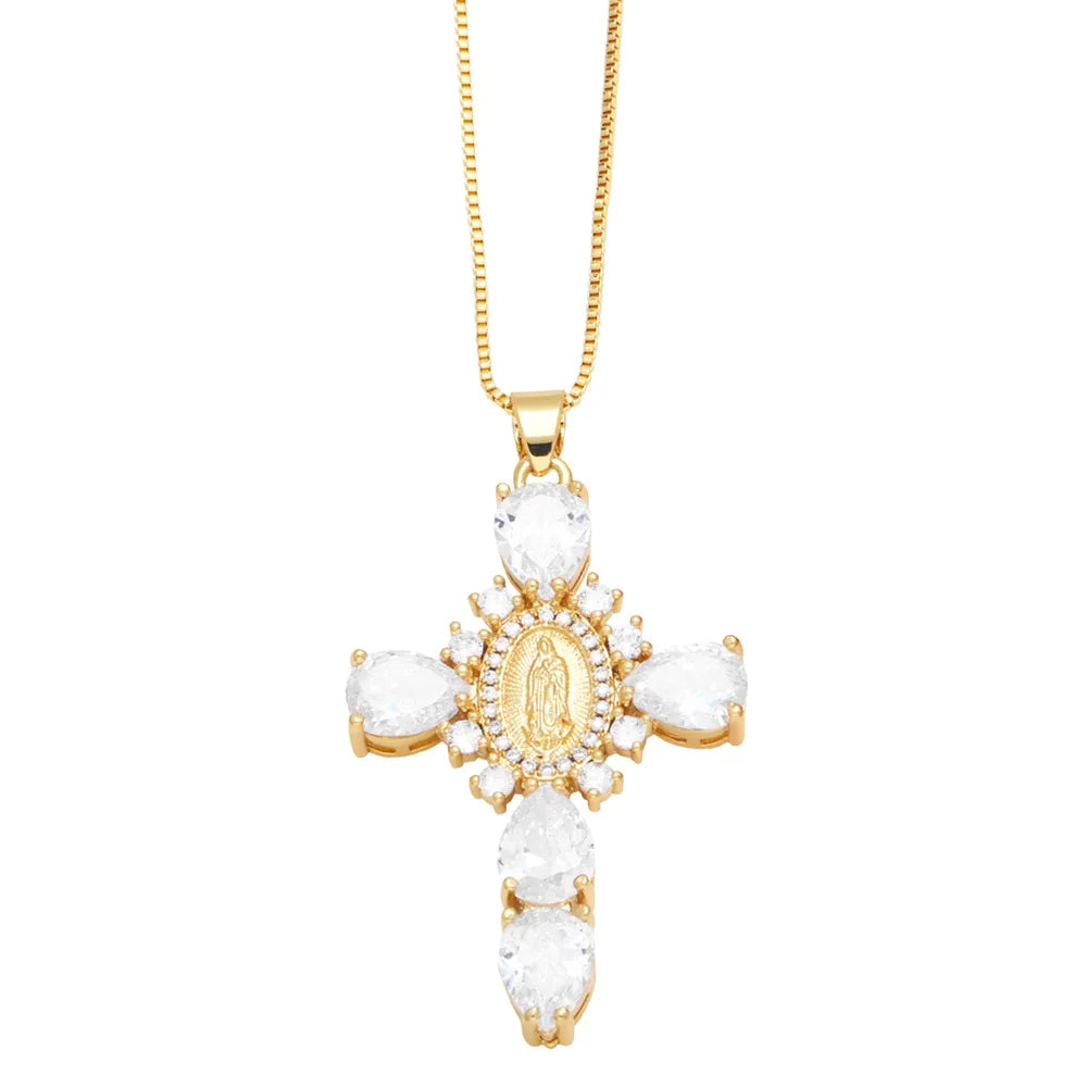 Jesus Cross Necklace for Women Men Retro Copper Zircon Colorful Cross Virgin Mary Pendants Jewelry