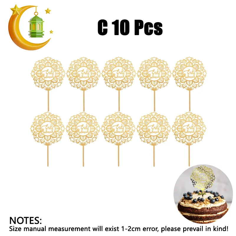 Ramadan Eid Mubarak Gold Acrylic Cake Topper Set Muslim Ramadan Holiday Party Cake Decorations Party Home Decoration