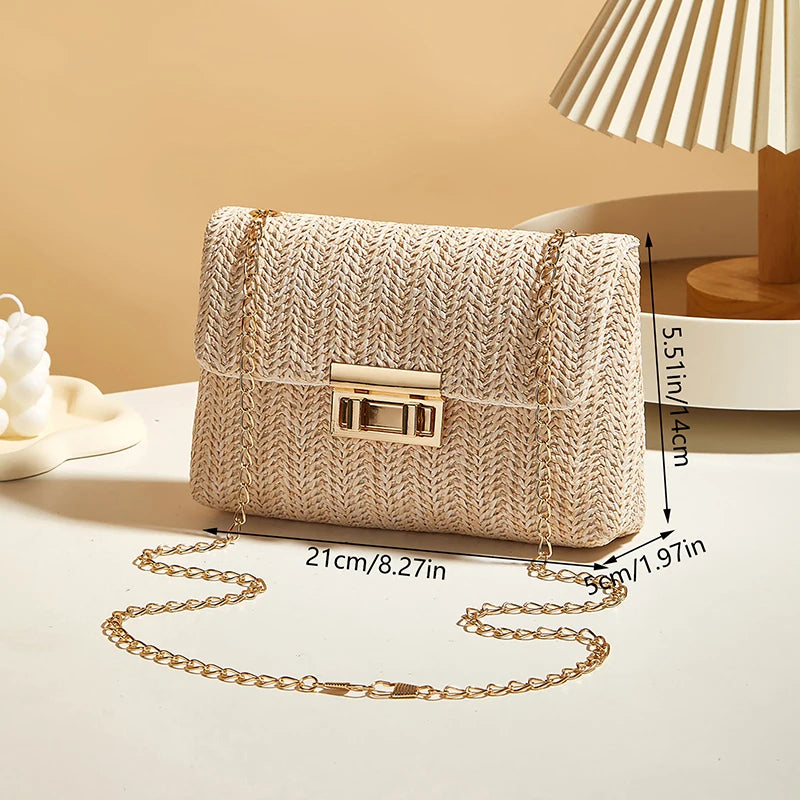 Fashion Straw Women Chain Shoulder Bag Woven High Capacity Buckle Closure Clutch Handmade Crossbody Bag Women
