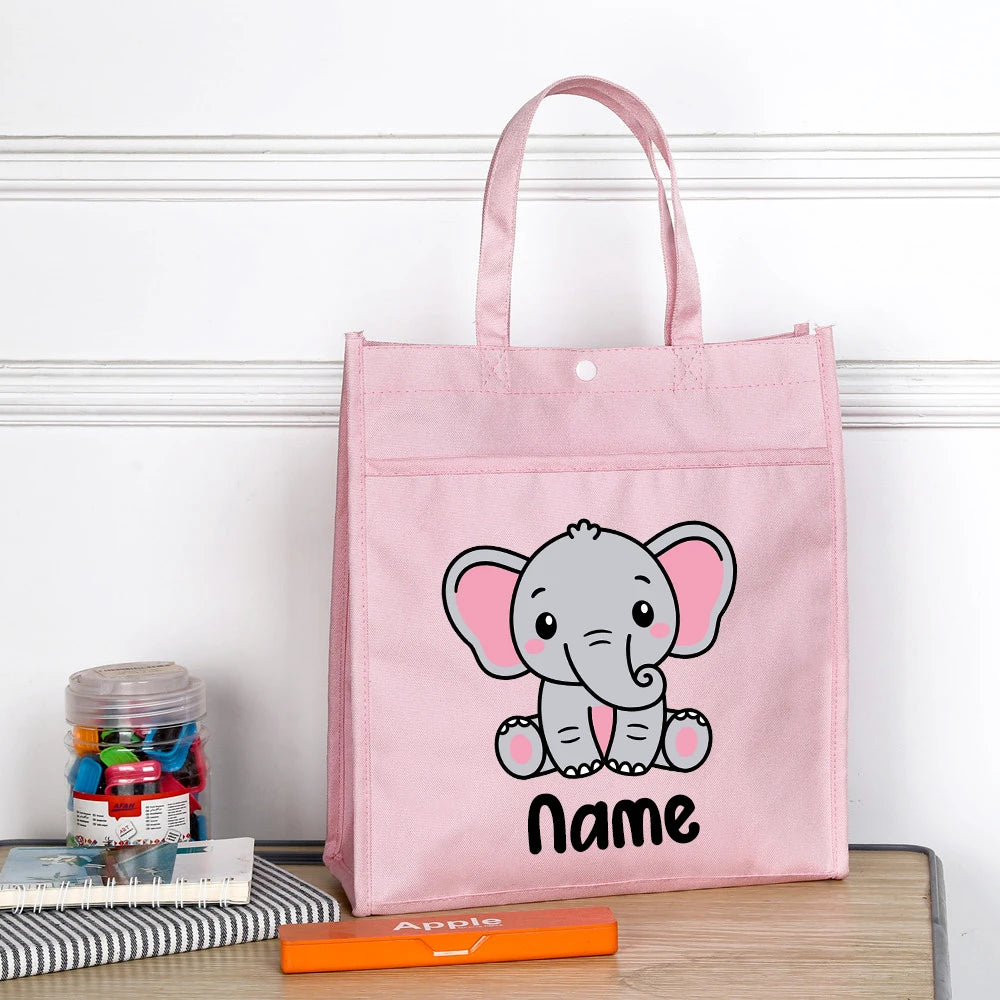 Personalized Kids Library Tote Bags Homeschool Cute Animal with Name Reading Books Bag.