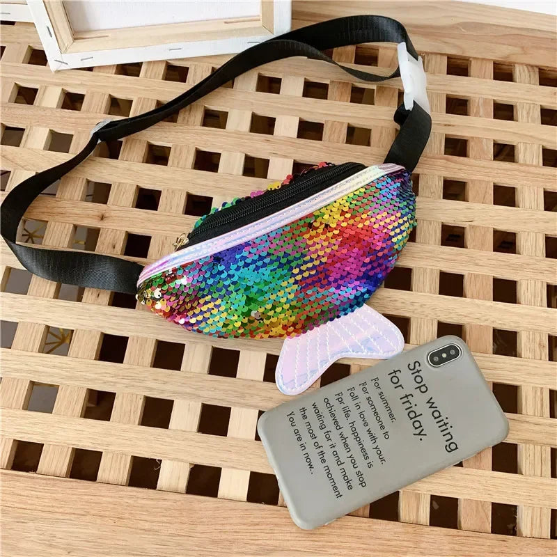 Fashion Kids Bag Sequin Fanny Pack for Girl- Coin Purse Small Belt Bag Shiny Mermaid Waist Pack Children Beach Bags