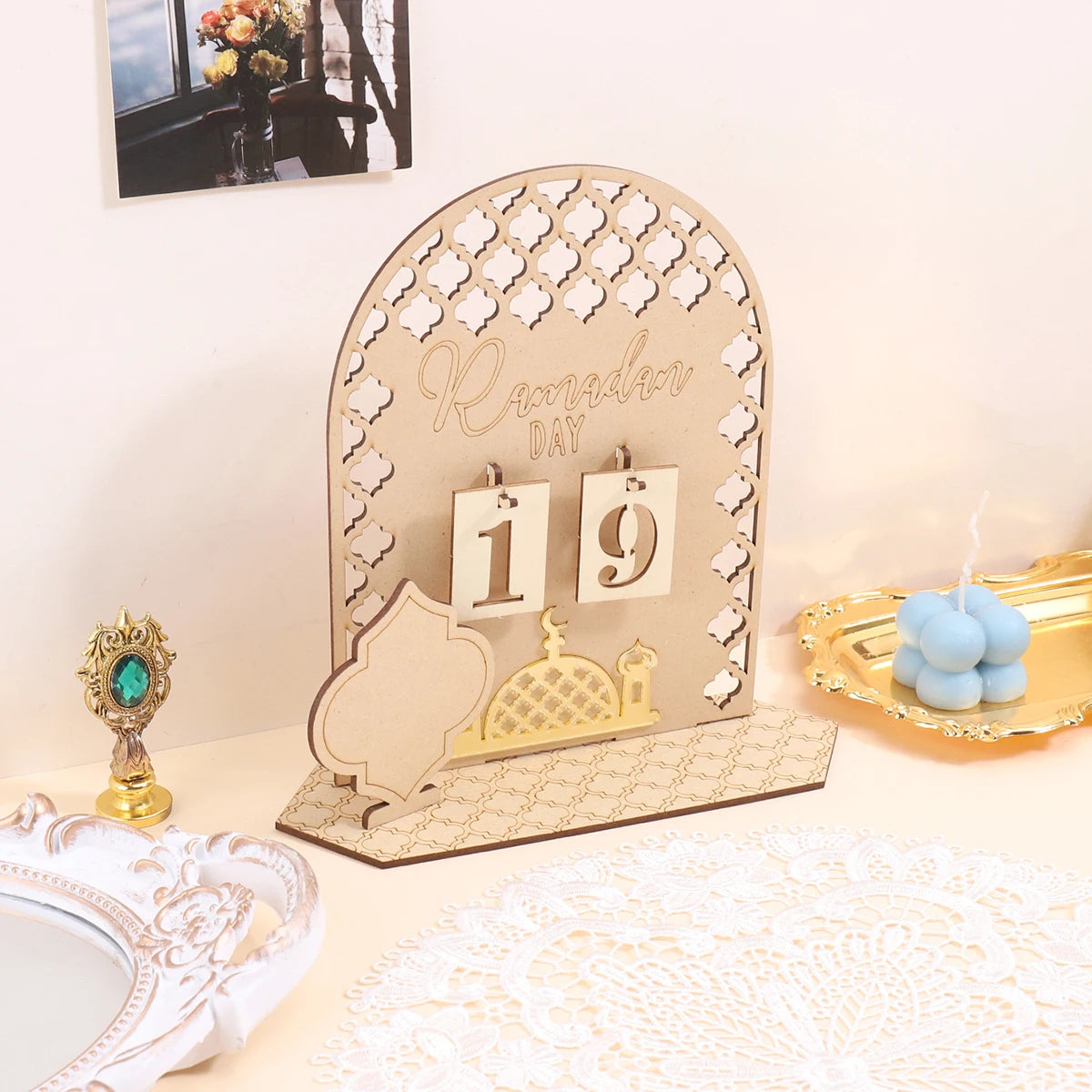 Ramadan Wooden Countdown Calendar, Islamic Eid Flip Desk Calendar