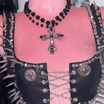 Y2K Jewelry Black Beads Crystal Cross Pendant Necklace Women Goth Accessories.