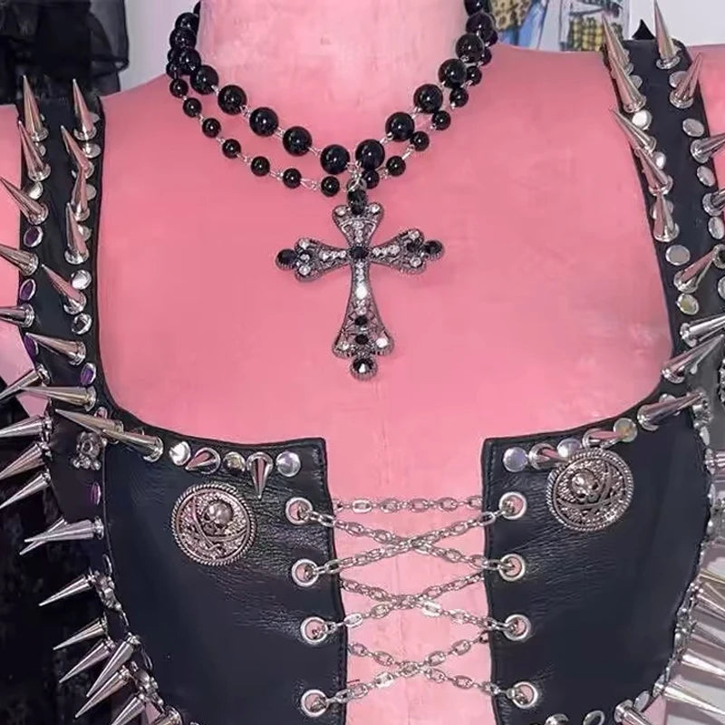 Y2K Jewelry Black Beads Crystal Cross Pendant Necklace Women Goth Accessories.