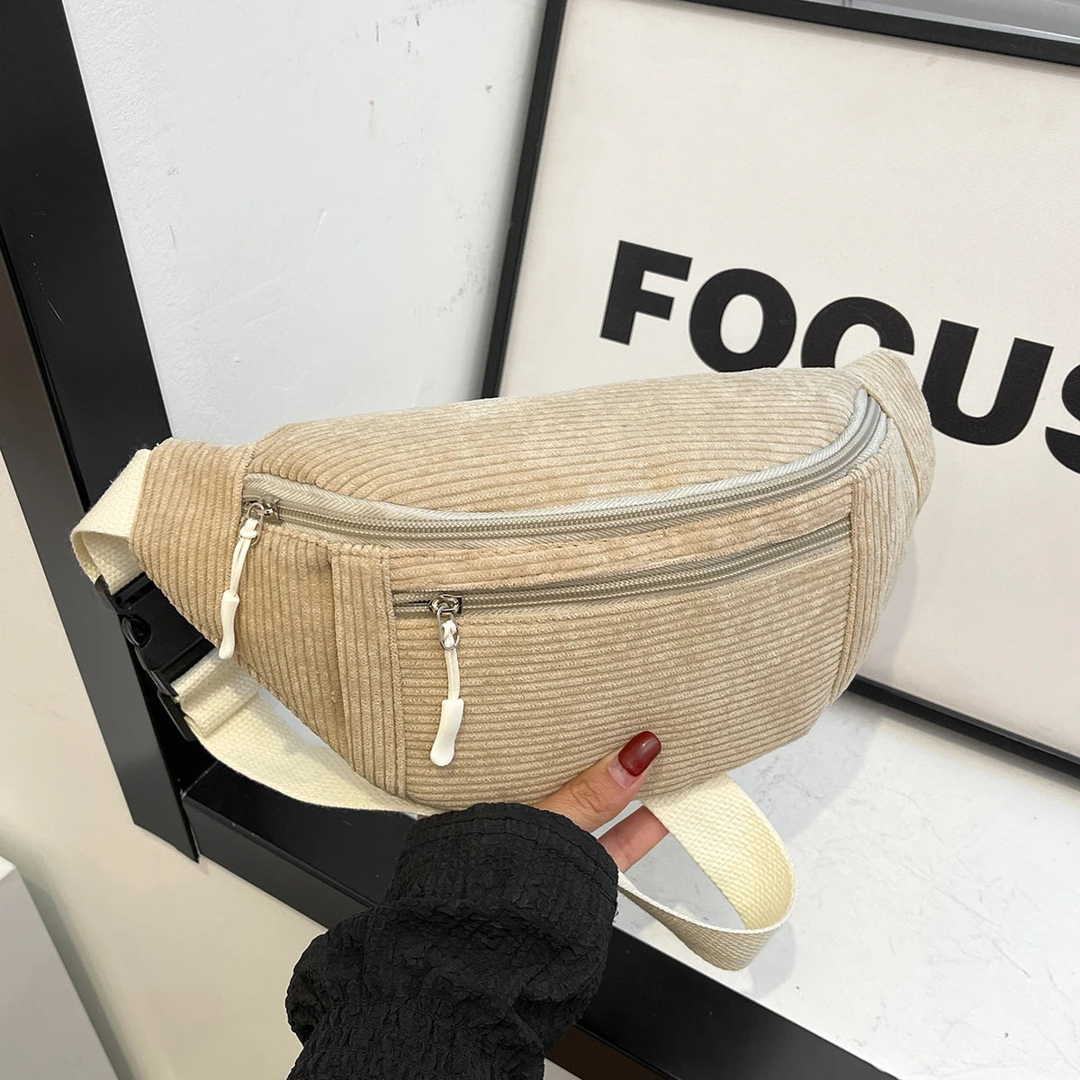 Women Waist Bag Corduroy Student Shoulder Handbag Crossbody Chest Breast Bag.