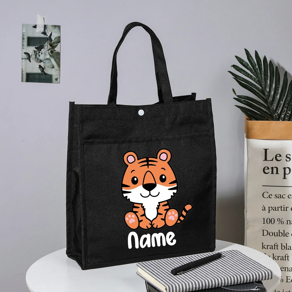 Personalized Kids Library Tote Bags Homeschool Cute Animal with Name Reading Books Bag.