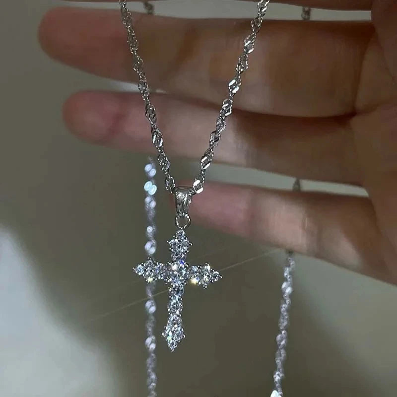 Shiny Crystal Zircon Cross Pendant Necklace for Women Girls Punk Silver Color Thin Chain Necklace