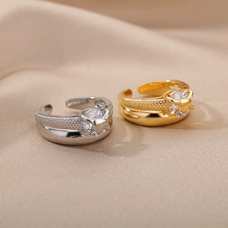 Heart Rings for Women Grils Gold Plated Adjustable Stainless Steel Ring Trend Luxury Wedding Couple Jewelry