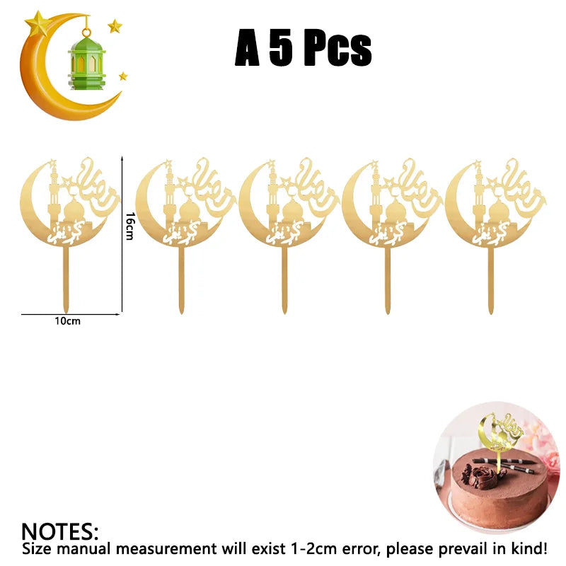 Ramadan Eid Mubarak Gold Acrylic Cake Topper Set Muslim Ramadan Holiday Party Cake Decorations Party Home Decoration