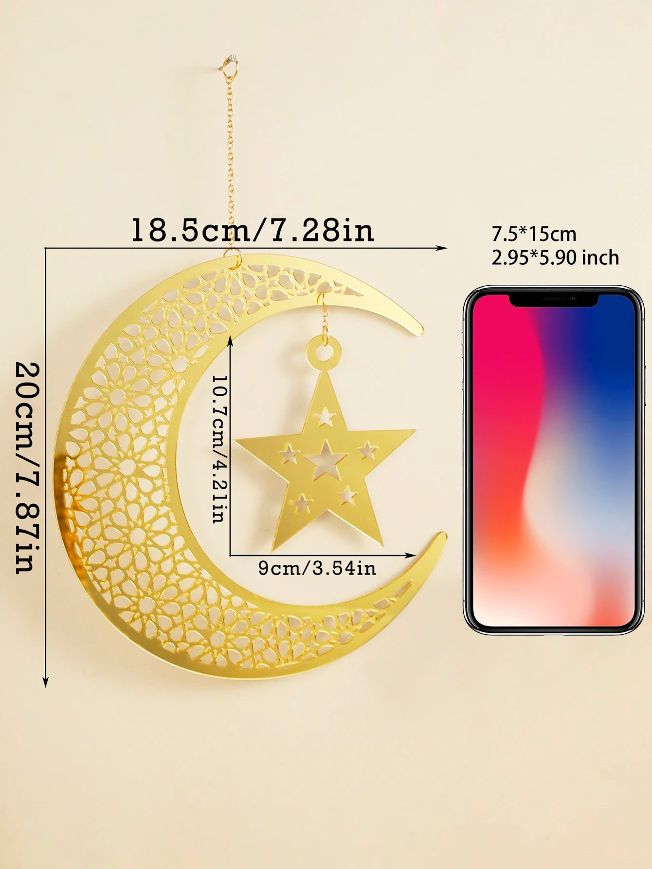 Gold Ramadan Acrylic Moon Hanging Ornaments with Hollow Mesh Star, Eid Mubarak Muslim Decor, Lanterns Wall Decor, Ramadan Kareem