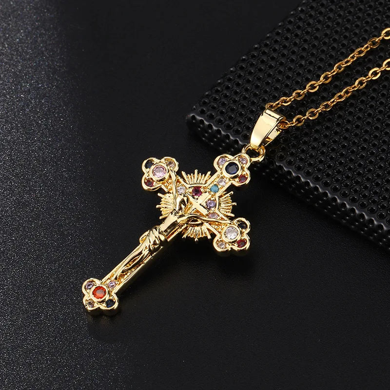 Jesus Cross Necklace for Women Men Retro Copper Zircon Colorful Cross Virgin Mary Pendants Jewelry