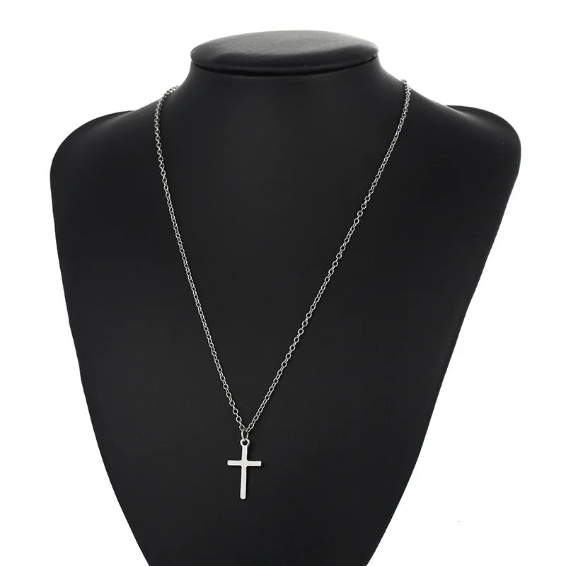 Fashion Christian Jesus Cross Necklaces Silver Color Long Chain Simple Pendants For Women Men