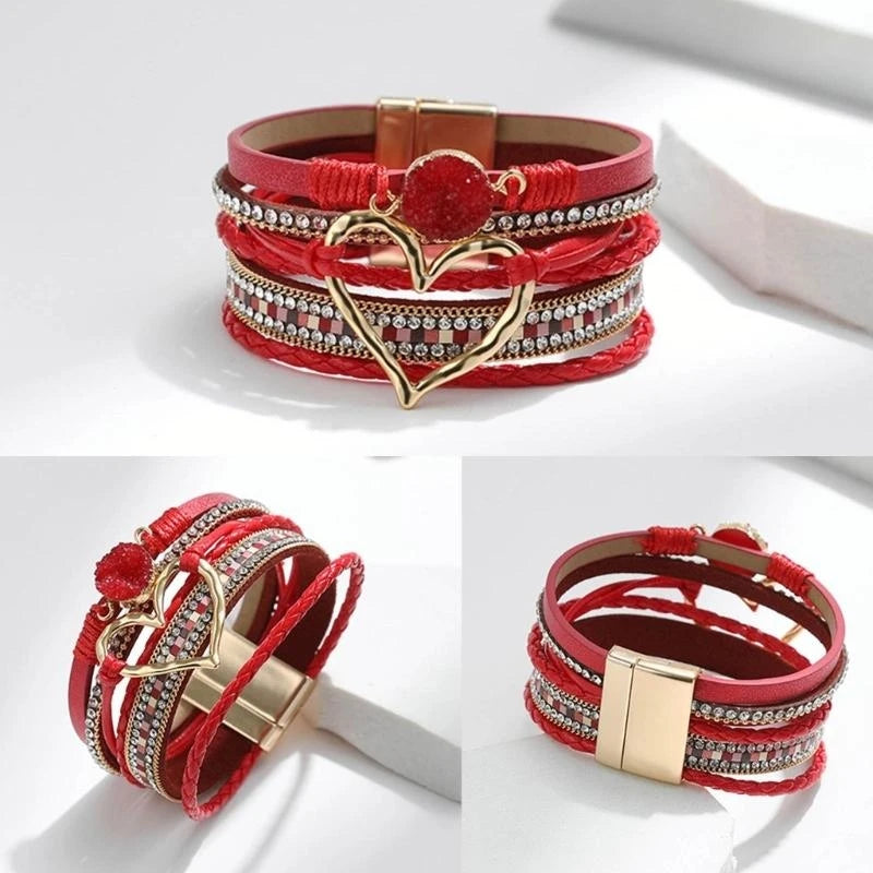 Bracelet for Women Bohomian Leather Wrap Multi-Layer Heart Bangle Jewelry Gift Fashionable Wrist Accessory