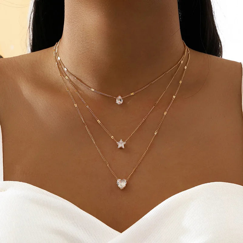 Trendy Zircon Pendant Necklace For Women Multilayer Chain Choker Fashion Shiny Jewelry Gift