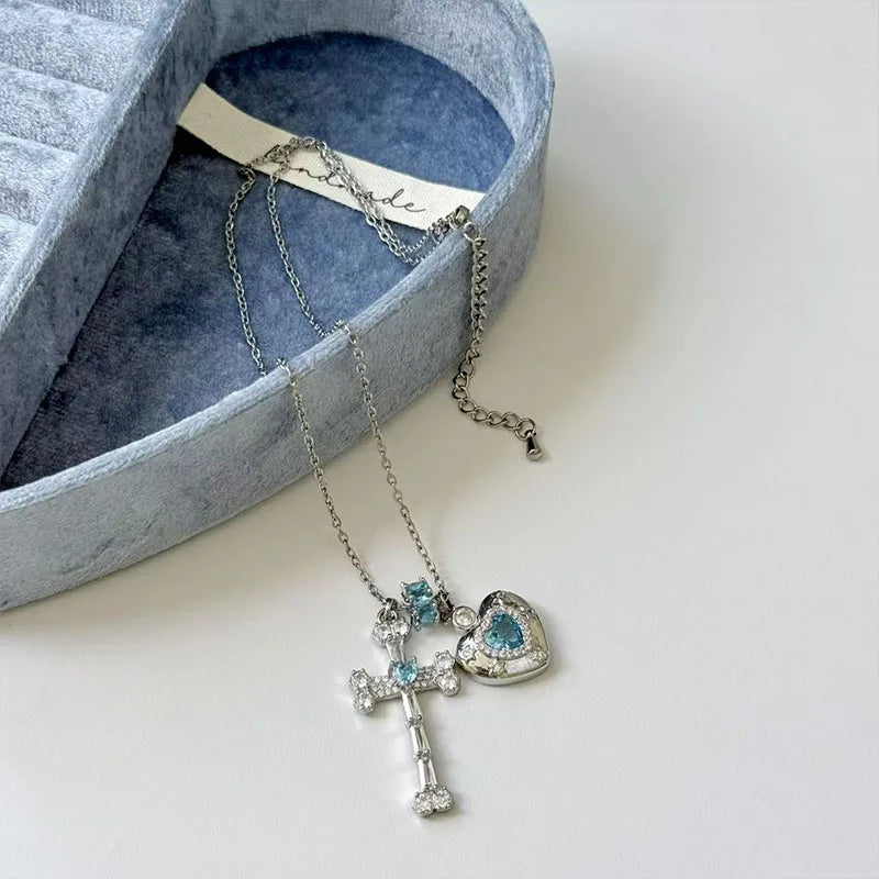 Cross Love Pendant Ice Blue Full Zirconia Necklace Fashion Jewelry High End Clavicle Chain