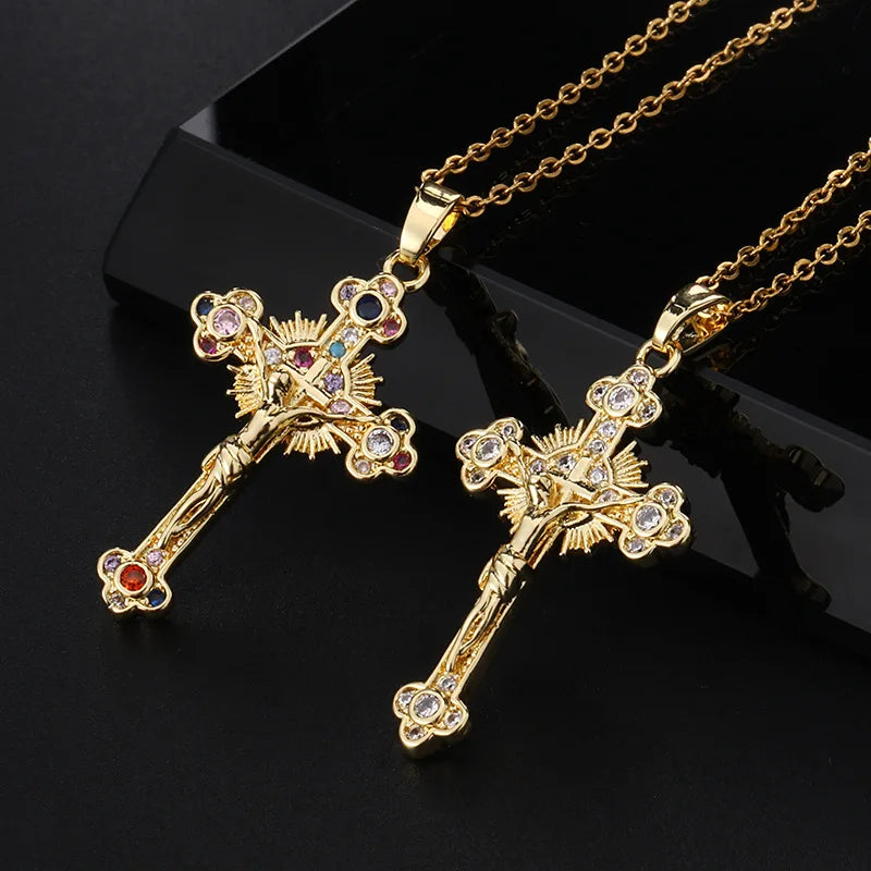 Jesus Cross Necklace for Women Men Retro Copper Zircon Colorful Cross Virgin Mary Pendants Jewelry