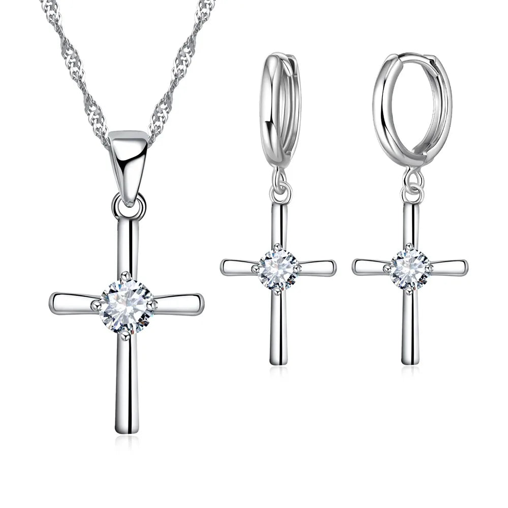 925 Sterling Silver Stamped Necklaces Earrings Cross Shape Classic Fashion Jewelry Set.