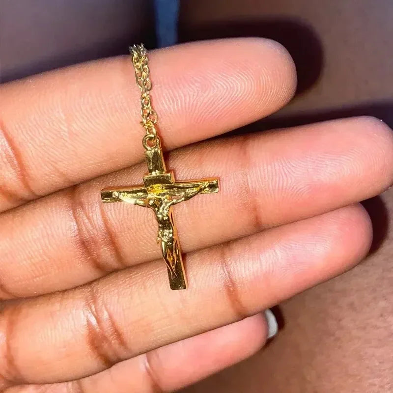 Metal Steel Cross Necklace Imitation Gold plated Religious Pendant Unisex Church Jewelry Gift Christian Jesus Cross Necklace