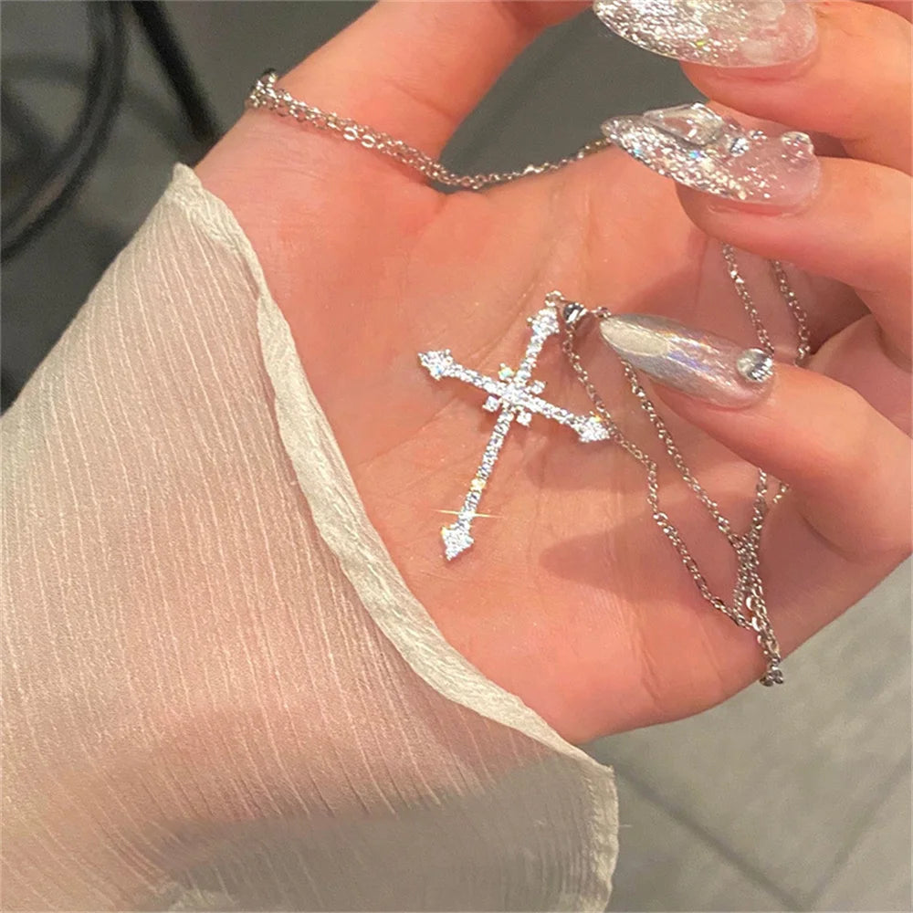 Elegant Crystal Cross Pendant Necklace Silver Color Star Ladies Fashion Jewelry