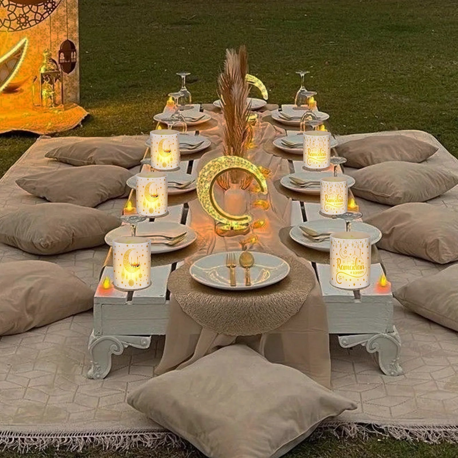 12pcs Ramadan Kareem Islamic Traditional Moon and Mosque Patterns Warm Festival Decoration, Lighting Up Your Ramadan Celebration