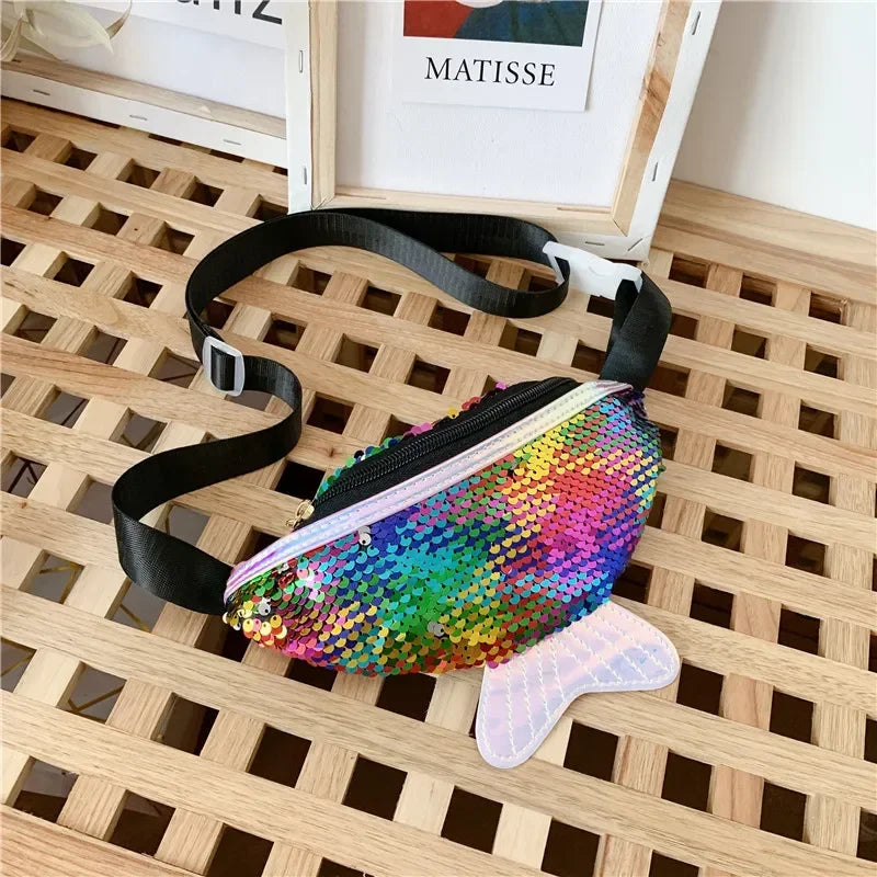 Fashion Kids Bag Sequin Fanny Pack for Girl- Coin Purse Small Belt Bag Shiny Mermaid Waist Pack Children Beach Bags
