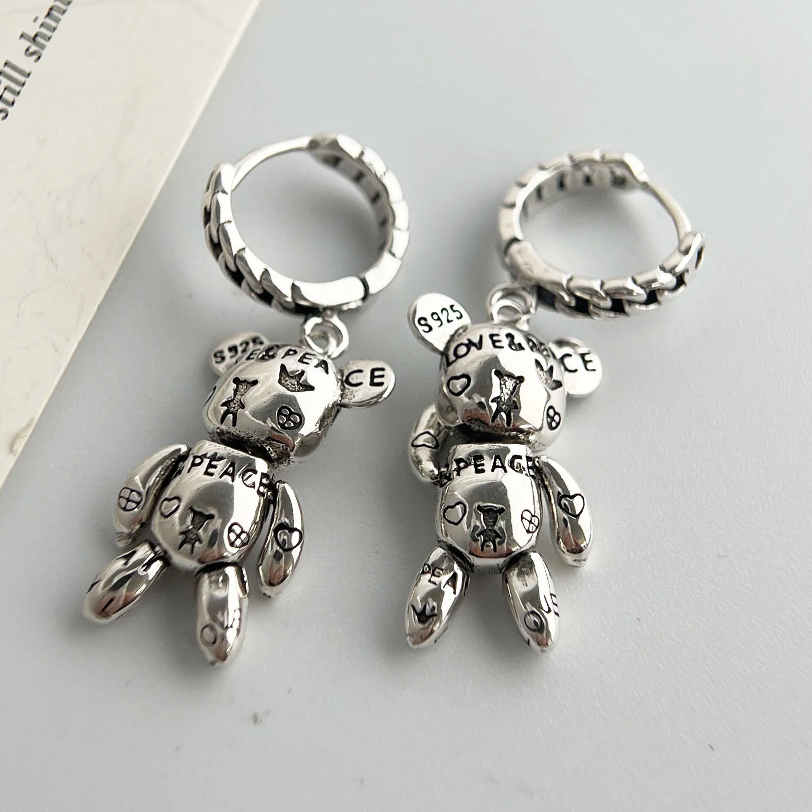 925 Sterling Silver Geometric Retro Bear Earrings for Women
