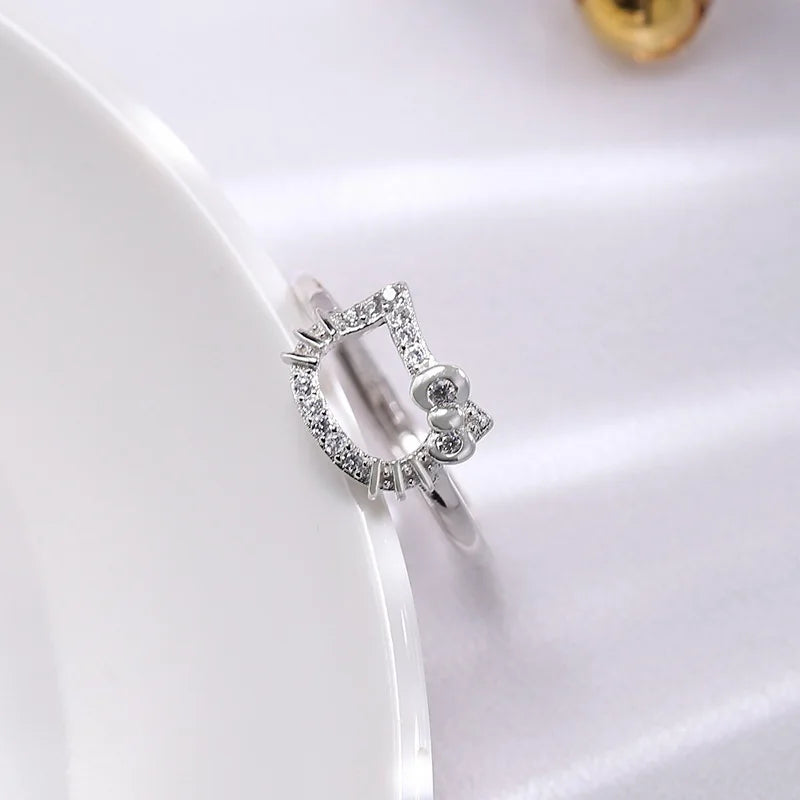Cat Rings for Women Simple White Zircon Elegant Adjustable Rings Cute Animal Fashion Jewelry