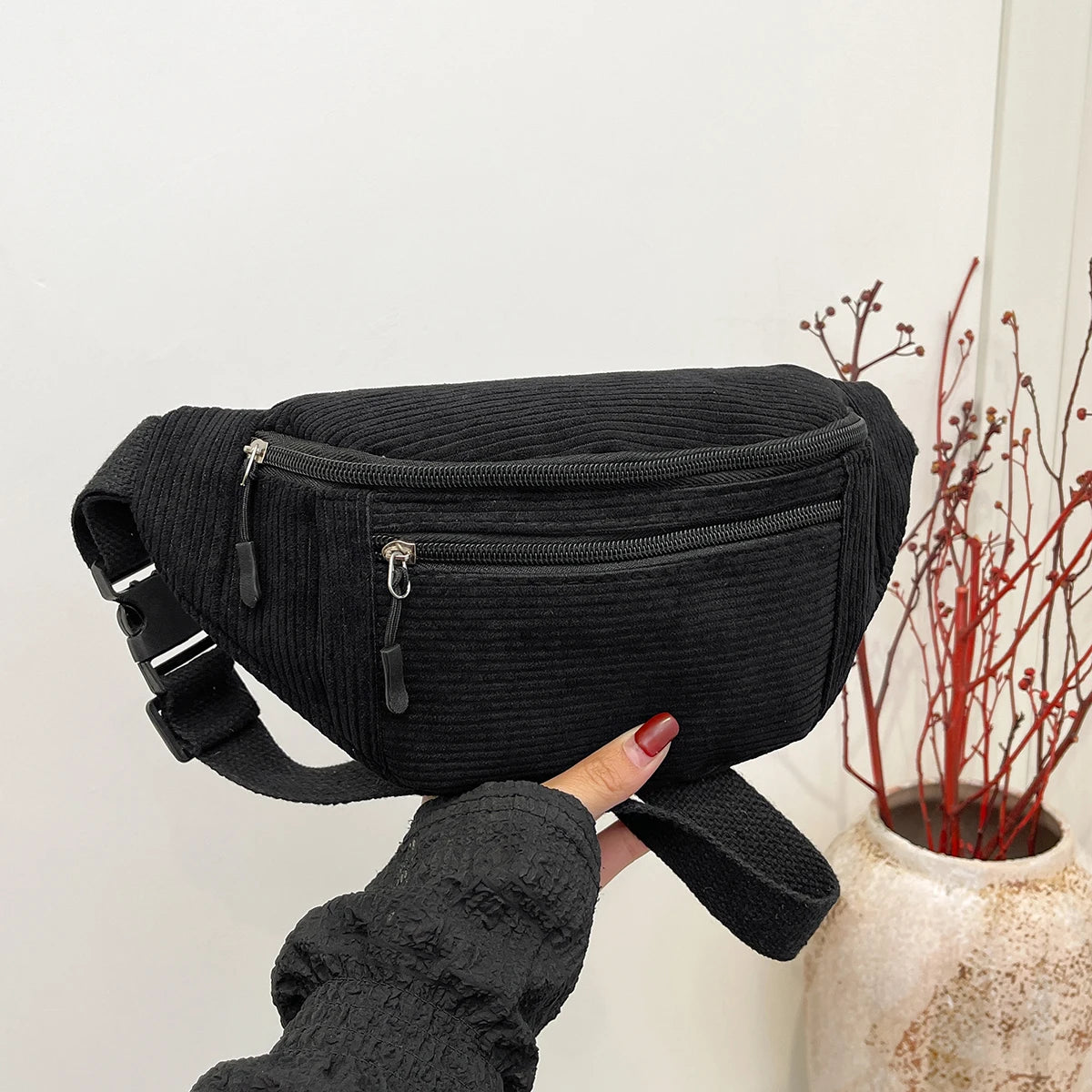 Women Waist Bag Corduroy Student Shoulder Handbag Crossbody Chest Breast Bag.