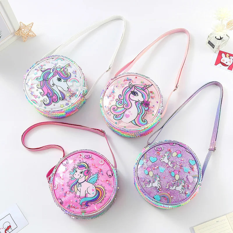 Kids Accessories Summer Lovely Kids Girls Sequin Crossbody Bag 3 Colors Cartoon Printed Round Shoulder Bag.