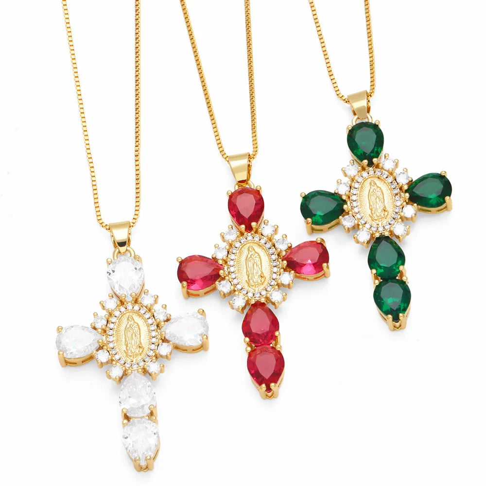 Jesus Cross Necklace for Women Men Retro Copper Zircon Colorful Cross Virgin Mary Pendants Jewelry