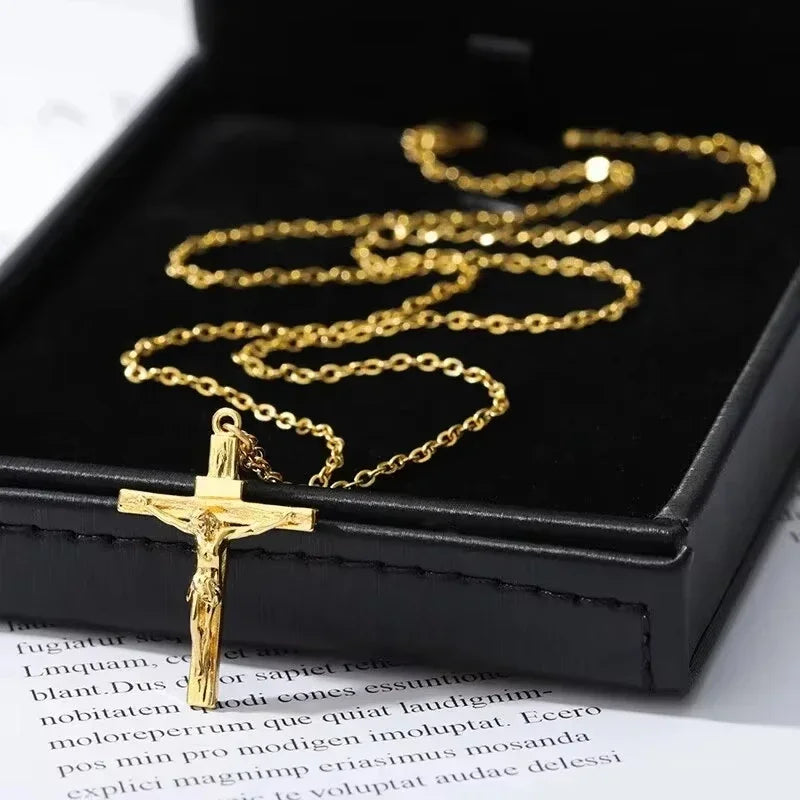 Metal Steel Cross Necklace Imitation Gold plated Religious Pendant Unisex Church Jewelry Gift Christian Jesus Cross Necklace
