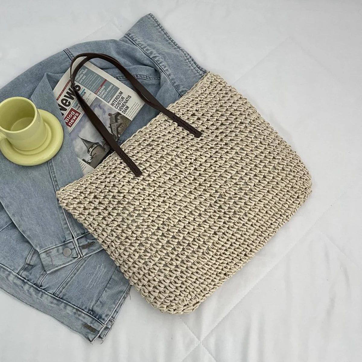 Women Handbag Summer Beach Bag Rattan Woven Handmade Knitted Straw Large Capacity.