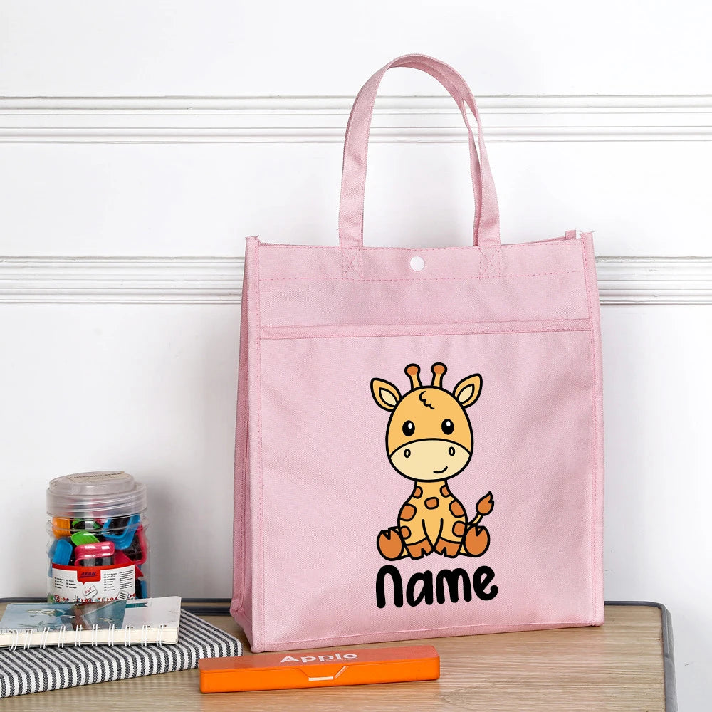 Personalized Kids Library Tote Bags Homeschool Cute Animal with Name Reading Books Bag.