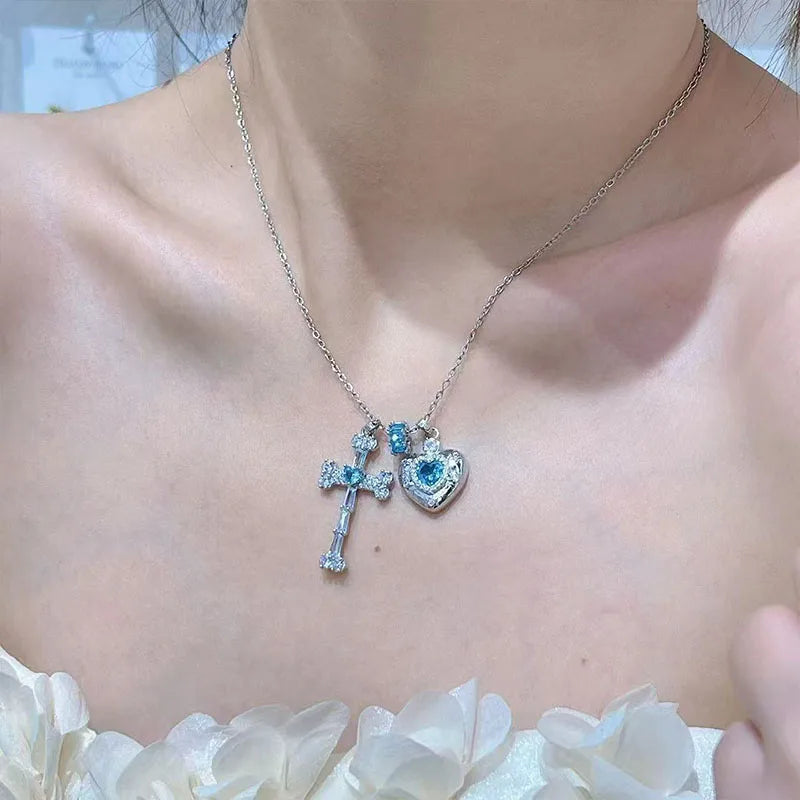 Cross Love Pendant Ice Blue Full Zirconia Necklace Fashion Jewelry High End Clavicle Chain