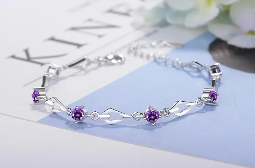 925 Sterling Silver Jewelry Bracelets for Women Trendy Amethyst Charm Wedding Gift