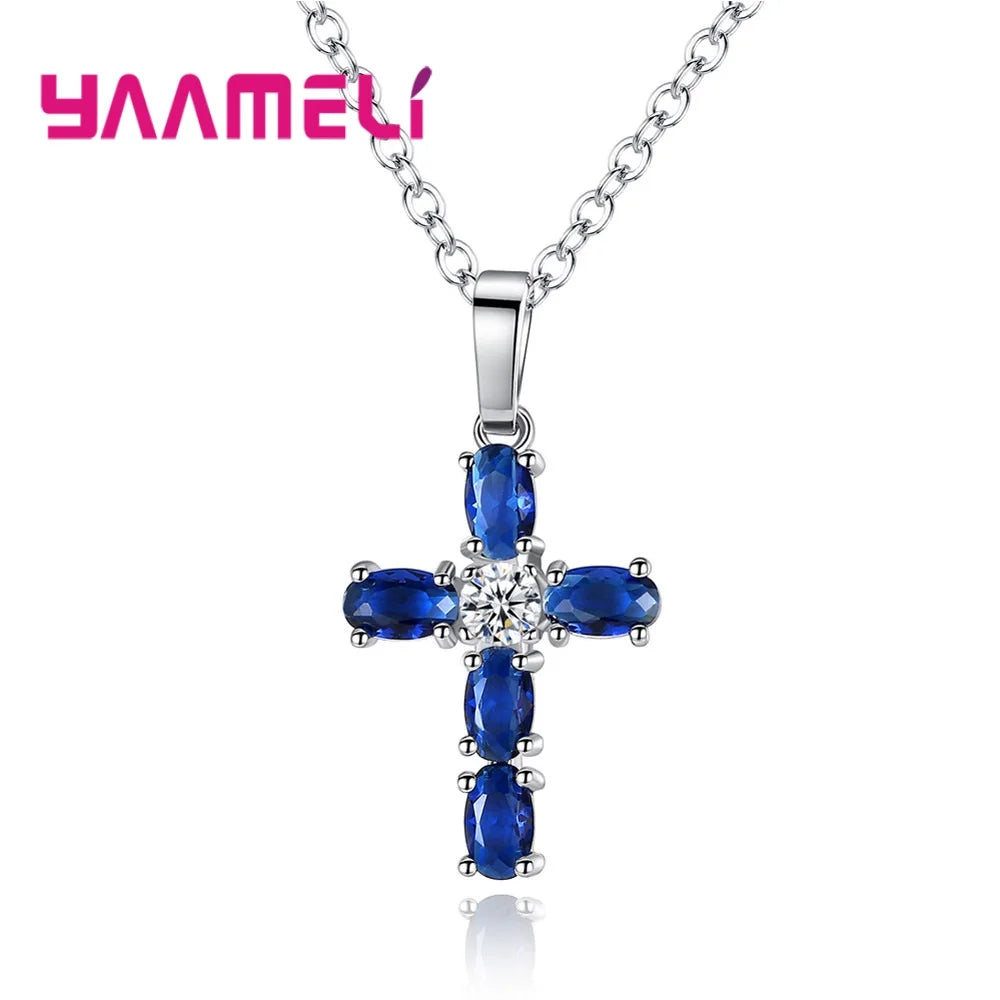 Christian Jesus 925 Sterling Silver Cross Necklace Shining AAA Blue Cubic Zircon Choker Pendants for Women Men Jewelry