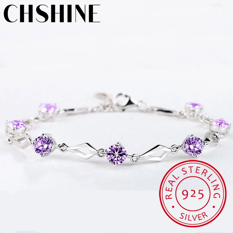925 Sterling Silver Jewelry Bracelets for Women Trendy Amethyst Charm Wedding Gift