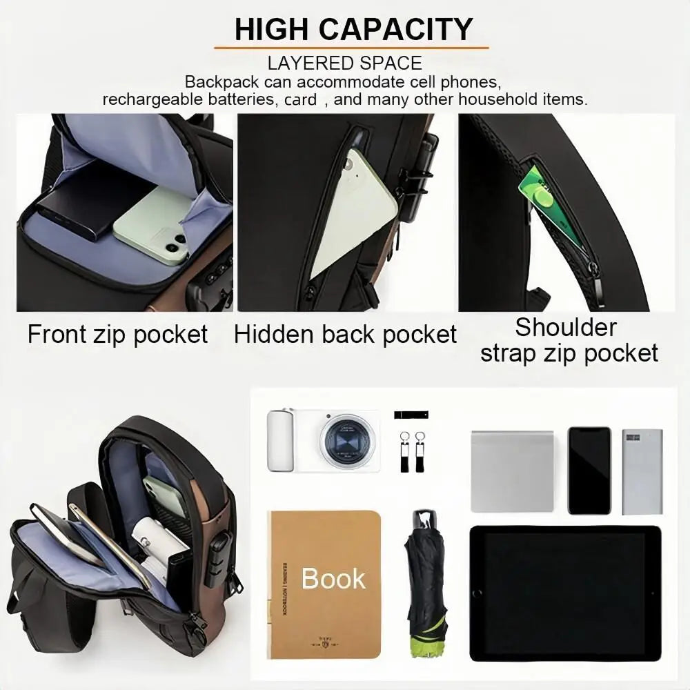 Men's anti-theft chest bag, fashionable motorcycle and casual sports sloping backpack.
