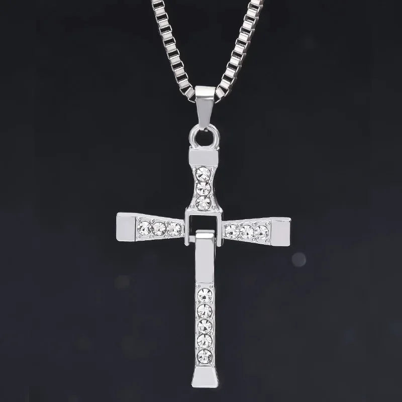 Religious Cross Necklace Iced Out Crystal Pendant Titanium Steel Cuban Chain Men's Trendy Jewelry