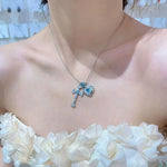 Cross Love Pendant Ice Blue Full Zirconia Necklace Fashion Jewelry High End Clavicle Chain
