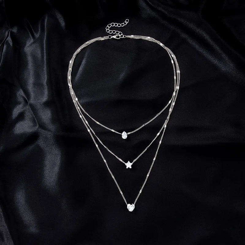 Trendy Zircon Pendant Necklace For Women Multilayer Chain Choker Fashion Shiny Jewelry Gift