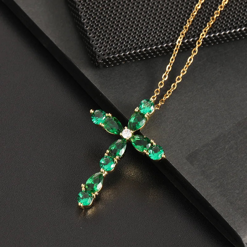 Classic Bright Jewelry Cross Necklace Fashion Personality Innovative Colorful Water Drop Geometric Cross Pendant Lucky Gift