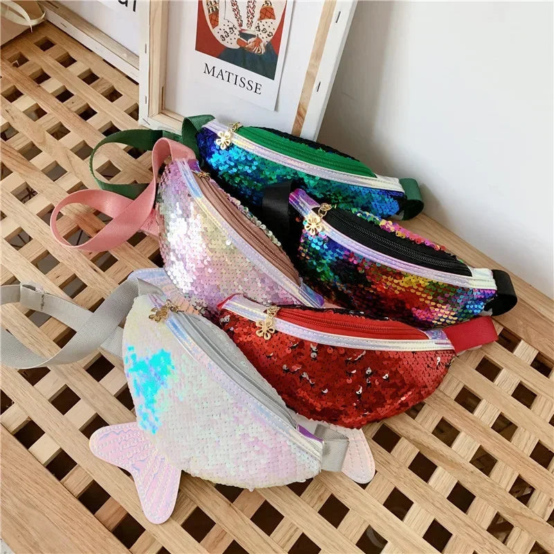 Fashion Kids Bag Sequin Fanny Pack for Girl- Coin Purse Small Belt Bag Shiny Mermaid Waist Pack Children Beach Bags