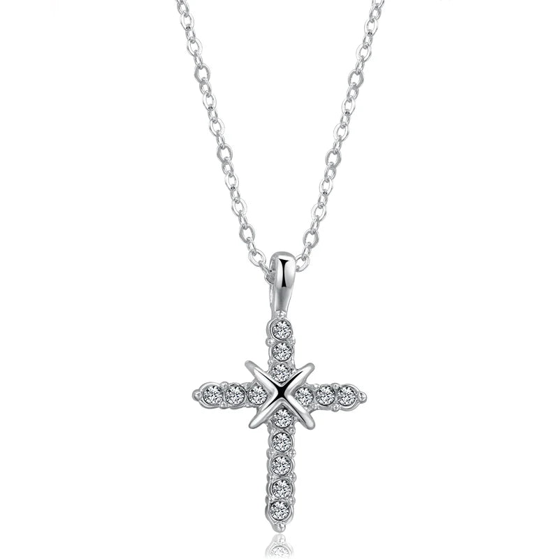 Cross Pendant Necklace For Women Iced Out Crystal Silver Plated Chain Collar Choker Necklace.