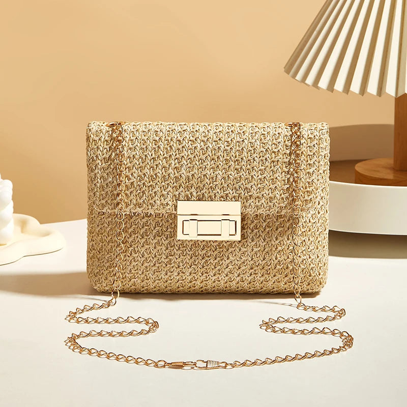 Fashion Straw Women Chain Shoulder Bag Woven High Capacity Buckle Closure Clutch Handmade Crossbody Bag Women