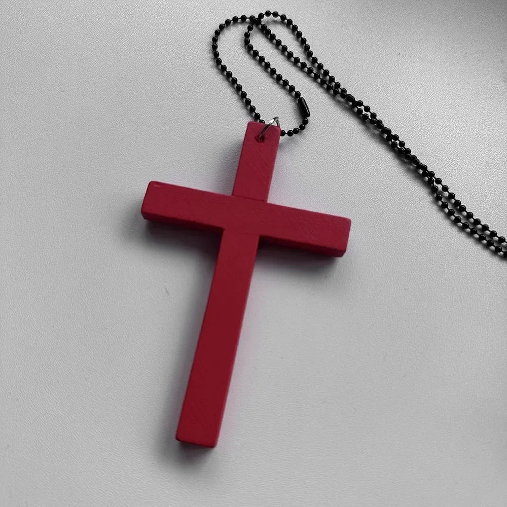 New Gothic Cool Y2K Wood Cross Pendants Necklaces Unisex Charm Chain Choker Necklace Fashion Jewelry
