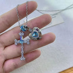 Cross Love Pendant Ice Blue Full Zirconia Necklace Fashion Jewelry High End Clavicle Chain